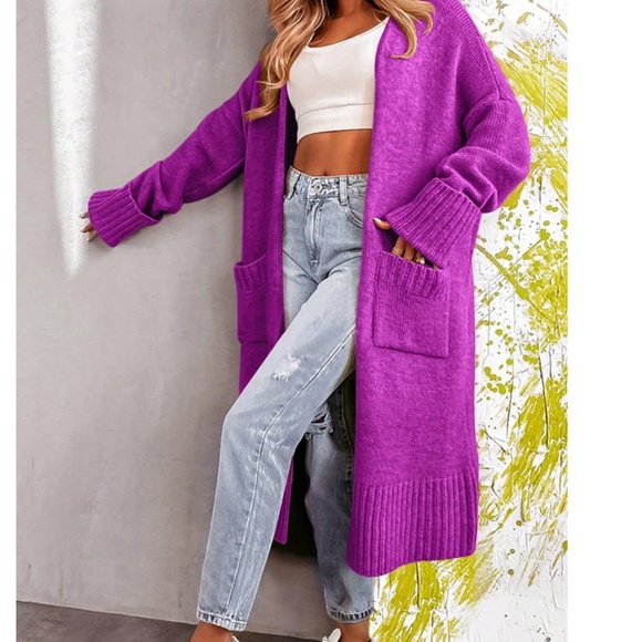 Solid Cuff Sleeve Open Front Loose Fit Cardigan - Picture 7 of 10